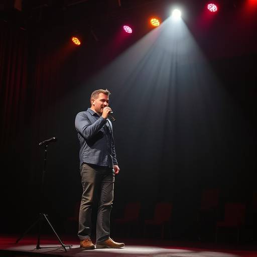 Comediante em um palco de stand-up, luzes focadas nele
