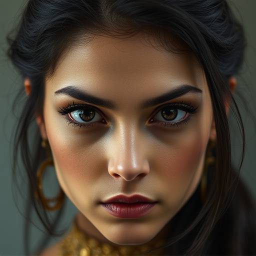 Foto da atriz Anya Sharma, com um olhar penetrante e cabelos escuros.