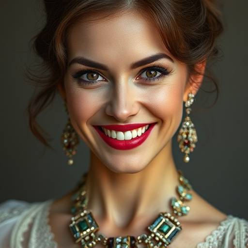Foto da atriz Serena Dubois, com um sorriso enigm&aacute;tico e adornos elegantes.